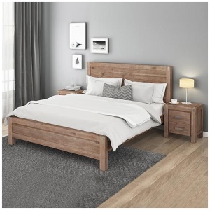 4 Pieces Bedroom Suite in Solid Wood Veneered Acacia Construction Timber Slat King Size Oak Colour Bed, Bedside Table & Tallboy