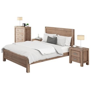 5 Pieces Bedroom Suite in Solid Wood Veneered Acacia Construction Timber Slat King Single Size Oak Colour Bed, Bedside Table , Tallboy & Dresser