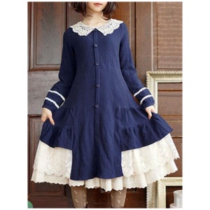 Classic Lolita OP Dress Lac Ruffle Button Two Tone Cotton Red Lolita One Piece Dress