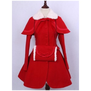 Classic Lolita Outfits Wool Long Sleeve Faux Fur Collar Ribbons Bows Red Dress Coat With Cape And Gloves