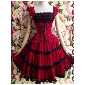 Gothic Lolita Dress JSK Cotton Lace Trim Pleated Red Lolita Jumper Skirt