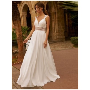 Ivory Boho Wedding Dress Chiffon Lace A-Line Sleeveless V-Neck Bridal Dress With Train Free Customization