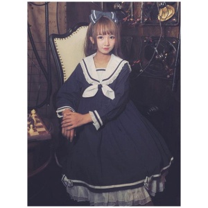 Sailor Lolita OP One Piece Dress Long Sleeve Ruffles Bows Sailor Collar Two Tone Dark Navy Lolita Dress