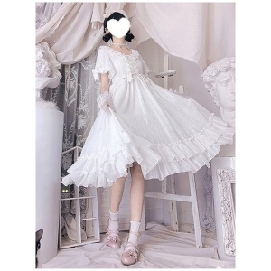 Sweet Lolita Dress Chiffon Short Sleeves Ruffles Bowknot Light Sky Blue Sweet Lolita Dress