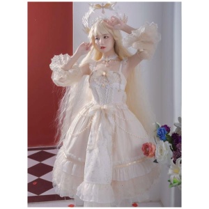 Sweet Lolita JSK Dress 3 Pieces Set White Sleeveless Lace Up Bows Lolita Jumper Skirts