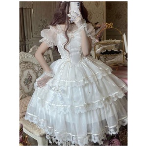 Sweet Lolita JSK Dress Polyester Sleeveless Lace Bow White Lolita Jumper Skirt