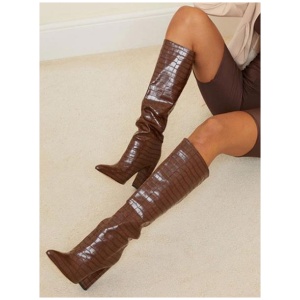 Women's Stone Grain Chunky Heel Knee High Boots Wide Calf