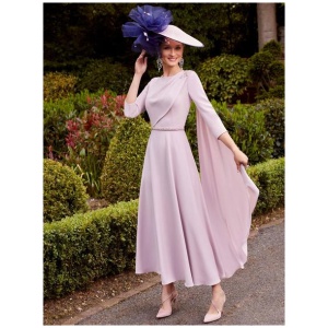 Bridal Mother Dress Jewel Neck 3/4 Length Sleeves A-Line Sash Guest Dresses For Wedding