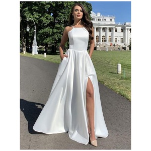 White Maxi Dresses Straps Neck Sleeveless High Slit Elegant Prom Dress