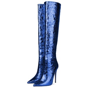 Women Knee High Boots Dazzling Blue Pointed Toe Stiletto Heel Night Club High Heel Women Boots