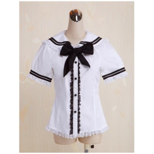 White Cotton Lolita Blouse Short Sleeves Sailor Style Lace Trim Bow