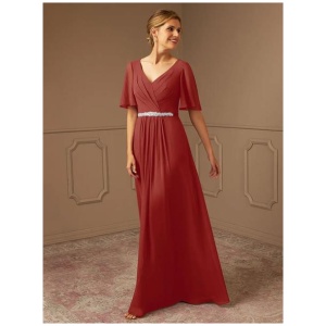 Bridal Mother Dress V-Neck Short Sleeves A-Line Sash Floor-Length Guest Dresses For Wedding