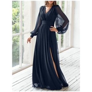 Party Dress For Mother Of The Bride V-Neck Long Sleeves A-Line Pleated Guest Dresses For Wedding