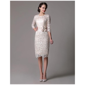 Wedding Guest Dresses Lace Sheath Champagne Cocktail Dress Knee Length Half Sleeves Mother Dress With Satin Belt Free Customization