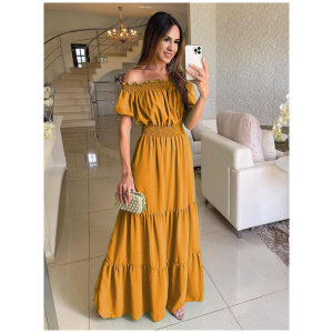 Boho Dress Off The Shoulder Pleated Tiered Casual Summer Maxi Dresses