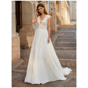 Boho Wedding Dress Chiffon Lace A-Line Sweep Natural Waist Backless Sleeveless V-Neck Ivory