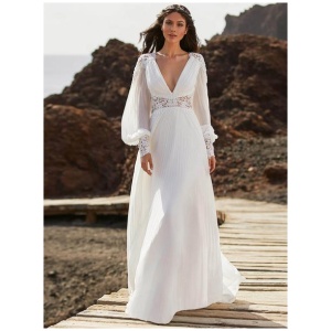 Boho Wedding Dress Chiffon Lace A-Line Sweep Natural Waist Zipper Long Sleeves V-Neck Ivory