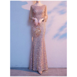 Evening Dress Mermaid Jewel Neck Floor-Length Long Sleeves Zipper Sequined Formal Party Dresses