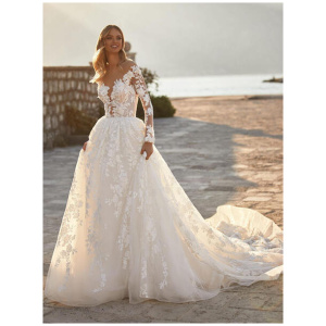 Lace Wedding Dress With Train A-Line Sleeveless Lace V-Neck Bridal Gowns