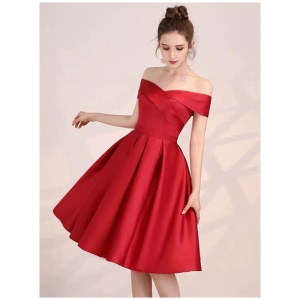 Red Cocktail Dress 2024 Satin Off Shoulder Knee Length Formal Party Dresses Free Customization