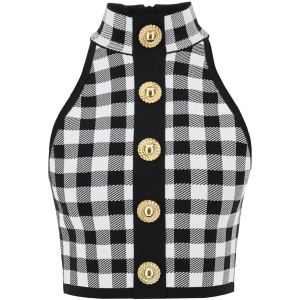 BALMAIN gingham knit cropped top with embossed buttons