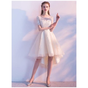 Champagne Cocktail Dress Tulle Prom Dresses Short Sleeve Lace Applique Sash Round Neck A Line High Low Party Dresses Free Customization