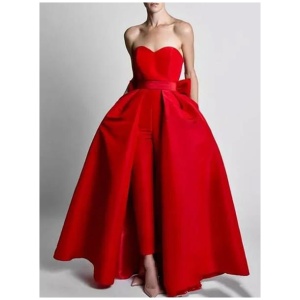 Evening Dress 2024 A-Line Strapless Sleeveless Zipper Bows Satin Fabric Red Formal Dresses Wedding Guest Dresses