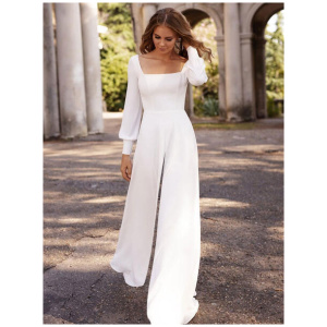 Ivory Bridal Jumpsuit Floor-Length A-Line Square Neck Long Sleeves Wedding Outfits Free Customization