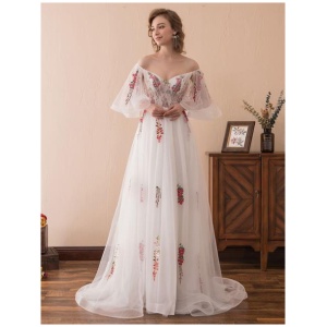 Prom Dresses Long Organza Off The Shoulder Ruffles Embroidered Half Sleeve Formal Dress With Train