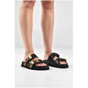 Sol Sana Sale | Women's Scribe Footbed Black/Gold | Gold / EU 36 | Leather Slides | Afterpay Available