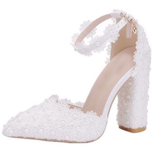 White Evening Shoes High Heel Sandals Leather Pointed Toe Flowers Party Shoes