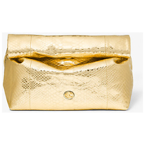 MK Monogramme Medium Metallic Python Embossed Leather Lunch Box Clutch - Gold - Michael Kors