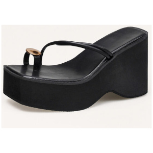 Women's Wedge Slippers Black Platform Toe Loop Sandal Slides