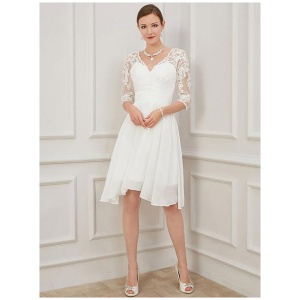 Ivory Short Wedding Dress Knee Length V-Neckline Half Sleeves A-Line Chiffon Bridal Dresses Free Customization