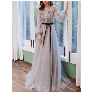 Prom Dress 2024 Light Gray Jewel Neck Ball Gown Long Sleeves Sash Tulle Lace-Up Pageant Dresses