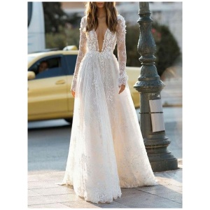 Simple Wedding Dress A Line V Neck Long Sleeves Lace Floor Length Bridal Gowns Free Customization