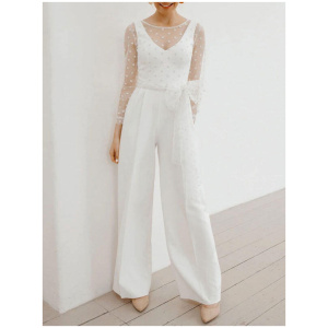 White Simple Wedding Jumpsuit V Neck Long Sleeves Bows Bridal Jumpsuits Free Customization