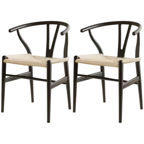 1 Set of 2 Dining Chairs Wooden Rattan Wishbone Black