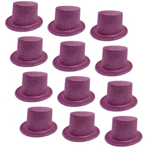 12x GLITTER TOP HAT Fancy Party Plastic Costume Tall Cap Fun Dress Up BULK - Light Pink