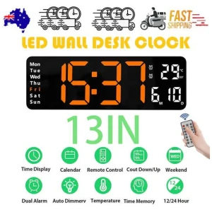 13" Orange Large Digital Big Jumbo LED Wall Desk Clock Display With Temperature Calendar
