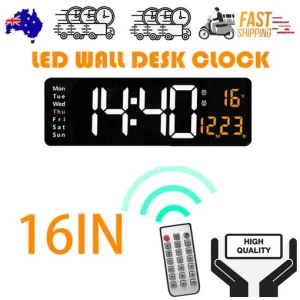 16" Orange Large Digital Big Jumbo LED Wall Desk Clock Display With Temperature Calendar