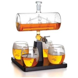 1L Whiskey or Wine Sailboat Glass Decanter Set - 4x Globe Glasses + Wooden Stand