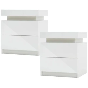 2X Bedside Table 2 Drawers RGB LED Bedroom Cabinet Nightstand Gloss AURORA WHITE