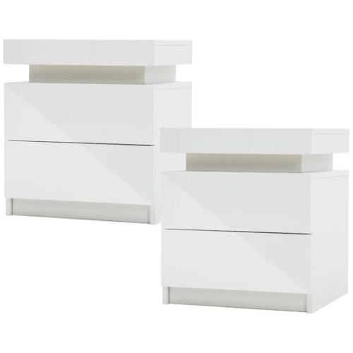 2X Bedside Table 2 Drawers RGB LED Bedroom Cabinet Nightstand Gloss AURORA WHITE