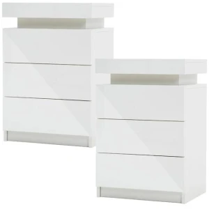 2X Bedside Table 3 Drawers RGB LED Bedroom Cabinet Nightstand Gloss GLORY WHITE