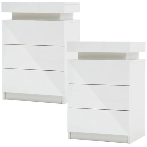 2X Bedside Table 3 Drawers RGB LED Bedroom Cabinet Nightstand Gloss GLORY WHITE