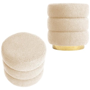2X Round Stacked Ottoman Stool Teddy Fleece Fabric Foot Rest 38cm BEIGE