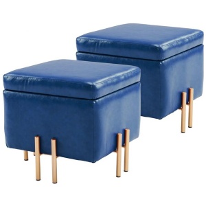 2X Storage Ottoman Foot Stool Cube Tuffet Seat 45cm PU Leather BLUE