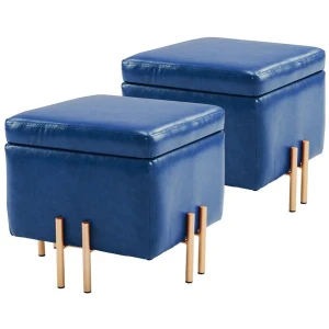 2X Storage Ottoman Foot Stool Cube Tuffet Seat 45cm PU Leather BLUE