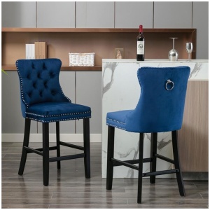 2X Velvet Bar Stools with Studs Trim Wooden Legs Tufted Dining Chairs Kitchen